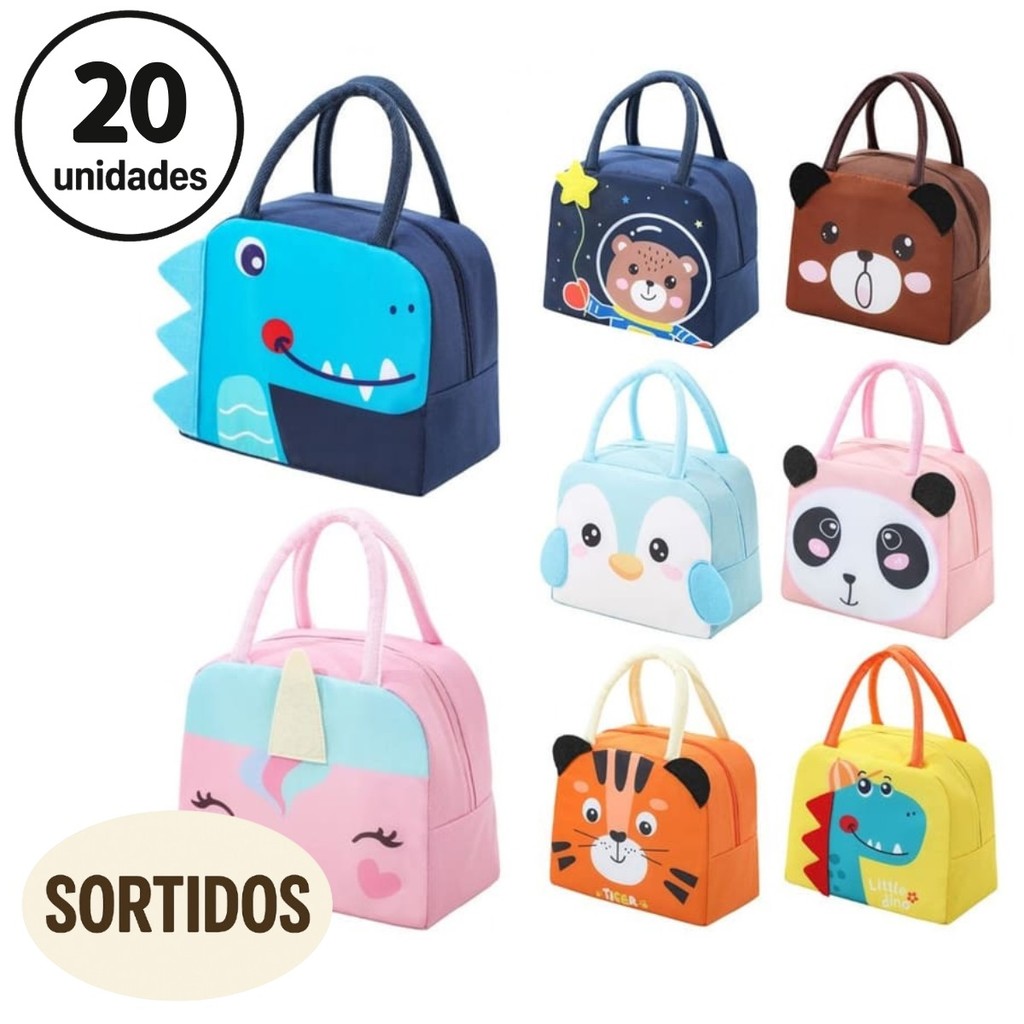 Kit 20 Unidades Bolsas Térmicas Infantil Estampas Animais SORTIDOS Lancheira Criança Menina Menino