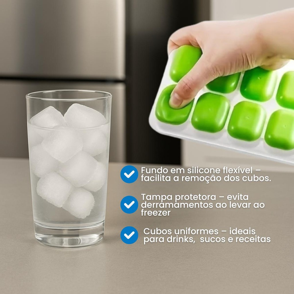 Forma de Gelo Cubo com Tampa Rígida e Fundo Flexível em Silicone · foto 2