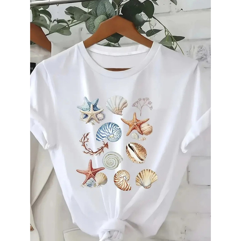 Camiseta Unissex Masculina e Feminina Premium Vida Marinha Estrela Conchas Coral,   100% Algodão