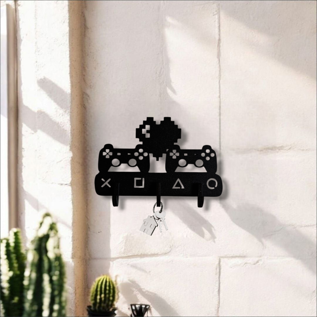 Porta Chaves Play 1 Play 2 16x10 Suporte Decor Gamer Casal Preto