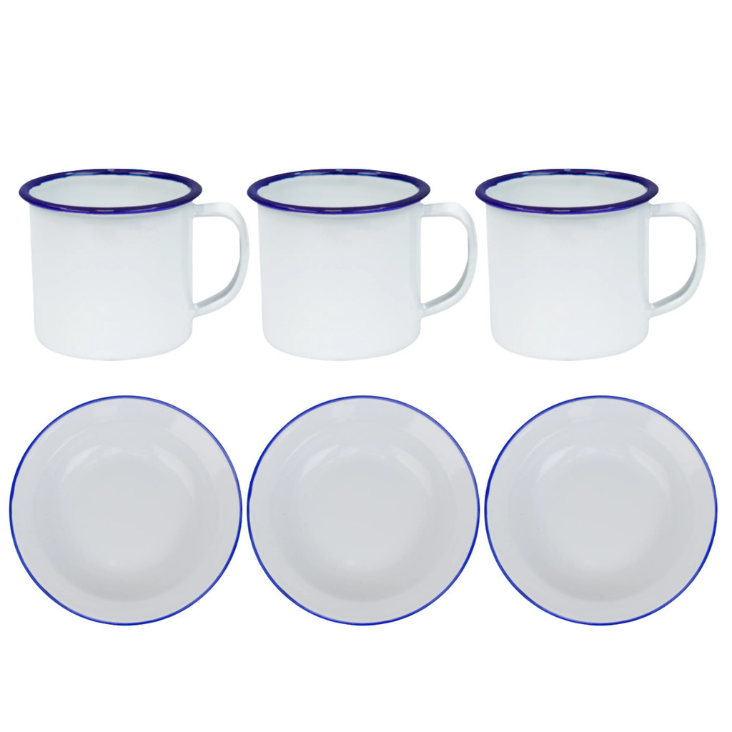 Kit Prato Fundo Esmaltado Branco 22cm + Caneca 350ml - 3 unidades em Oferta na Shopee