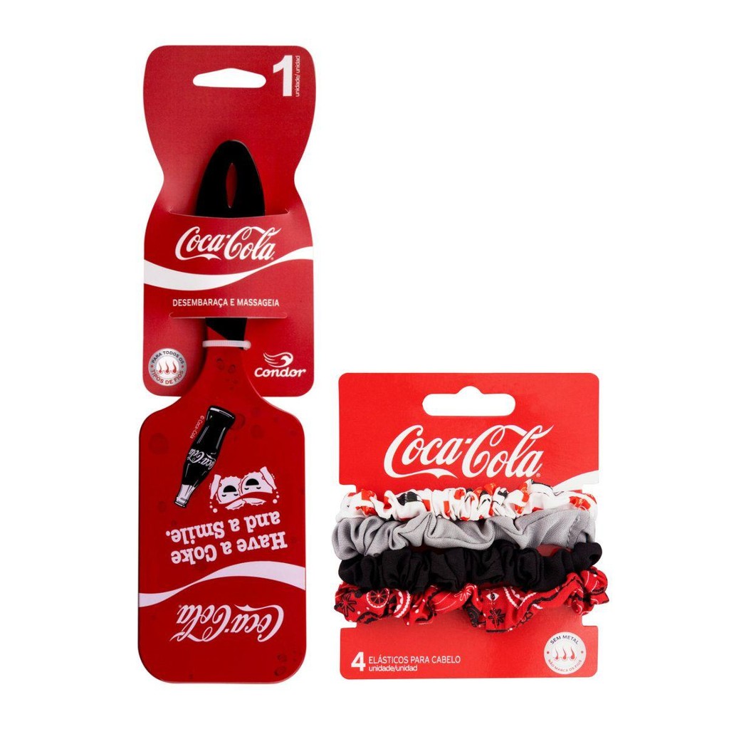 Kit Escova para Cabelo Raquete + Elástico para Cabelo 4 Unidades Coca-Cola Condor