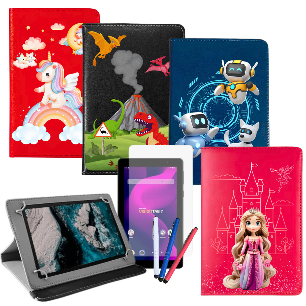 Kit Capa com Suporte Para Tablet Positivo Vision Tab 7 Estampada + Película + Caneta Touch