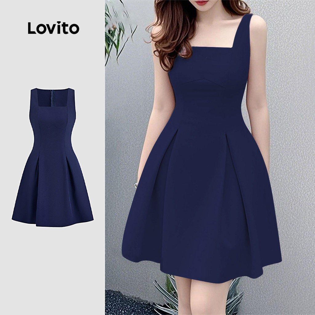 Lovito Vestido Elegante de Pregas Primavera/verão Vestido Azul-marinho para Mulheres L149LD323