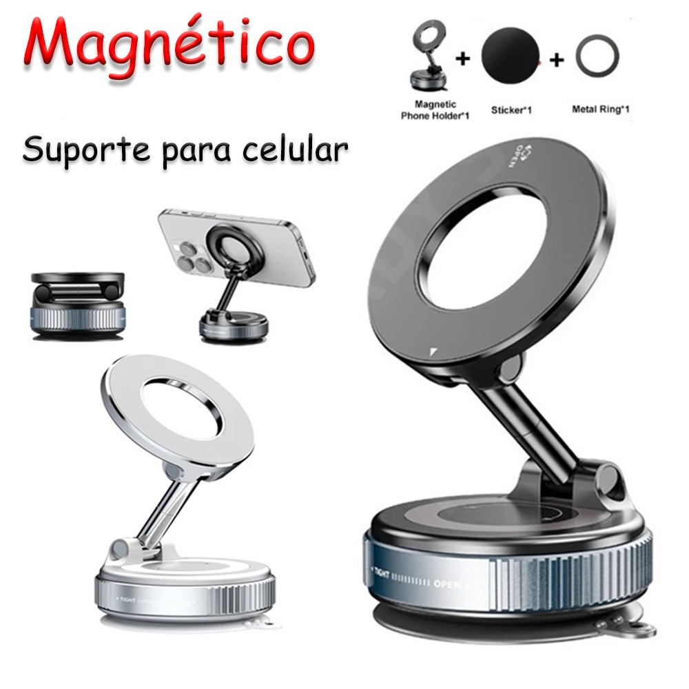 Suporte Magnético Dobrável 360° para Celular – Ajustável para Carro, Mesa e Banheiro com Ventosa Forte
