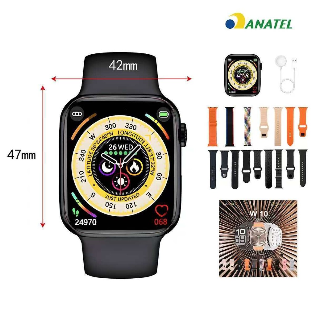 Smartwath W10 serie 10 com 10 pulseiras 46mm laxasfit preto relógio com 10 pulseiras
