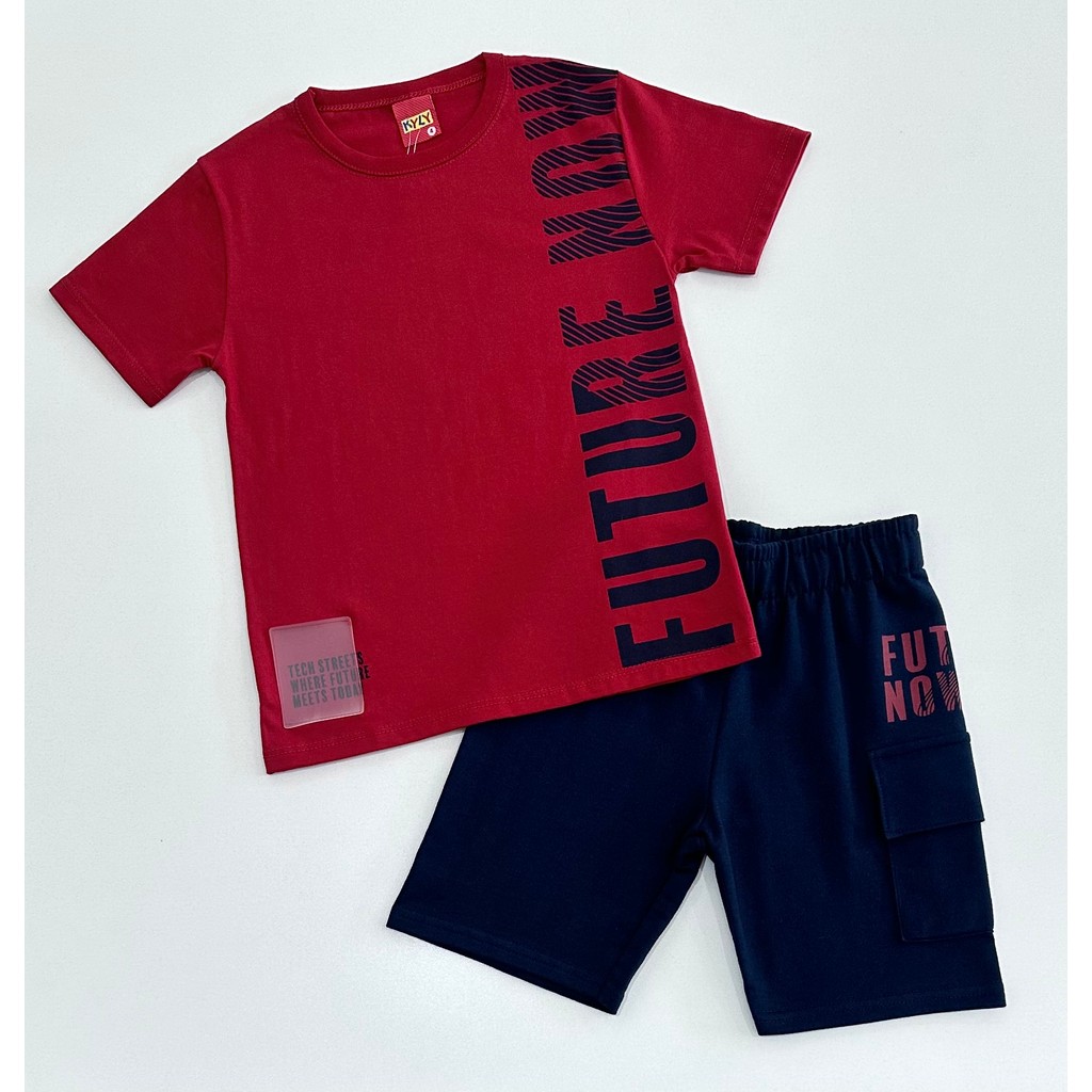 Conjunto 4/16 Kyly Camiseta Vermelha Future Now e Bermuda Azul Marinho