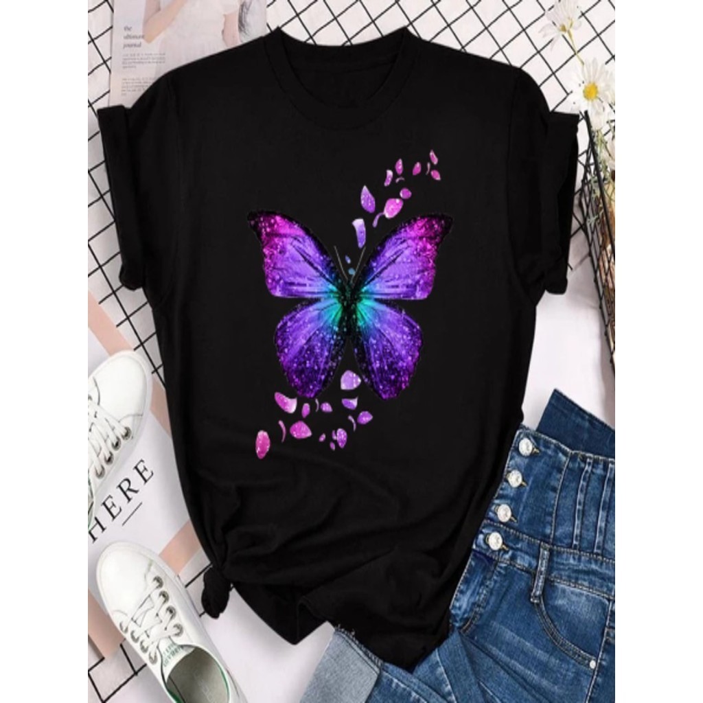 [Camiseta Premium em Algodão Puro]SISI Camiseta Feminina Borboleta Roxa Casual