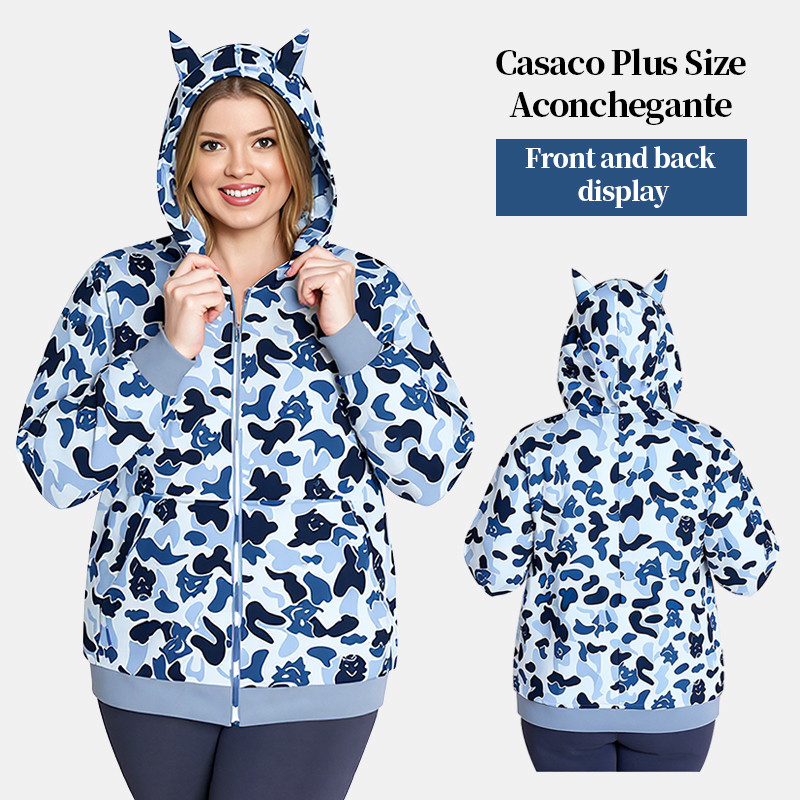 ‌ [Moletom Grande] (40-150kg) Estampa Completa Com Zíper Feminino Plus Size Leve Capuz Hiphop Estilo Rua Americano