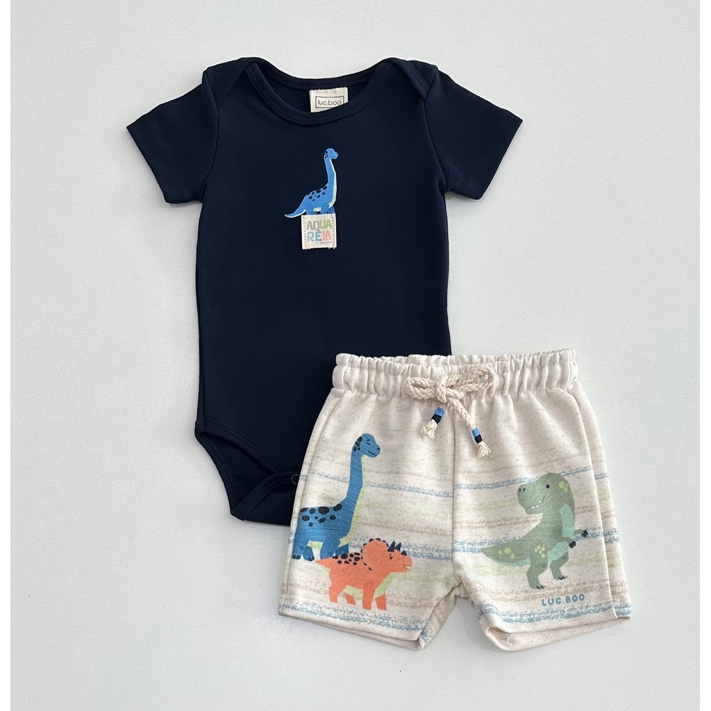 Conjunto M/1 Luc.Boo Body Azul Marinho Dinossauro e Bermuda Bege