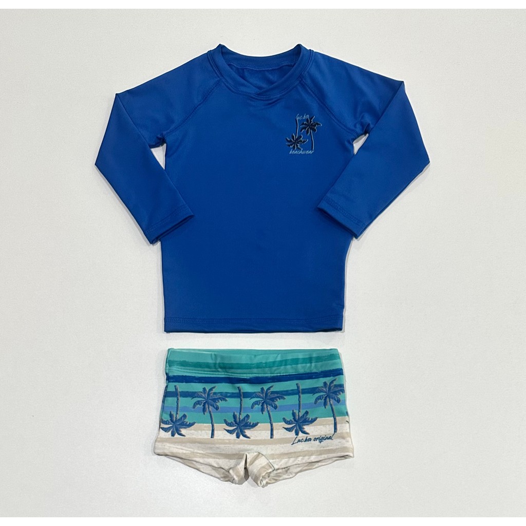 Conjunto Praia 2/14 Luc.Boo Camiseta Azul Manga Longa e Bermuda Palmeiras