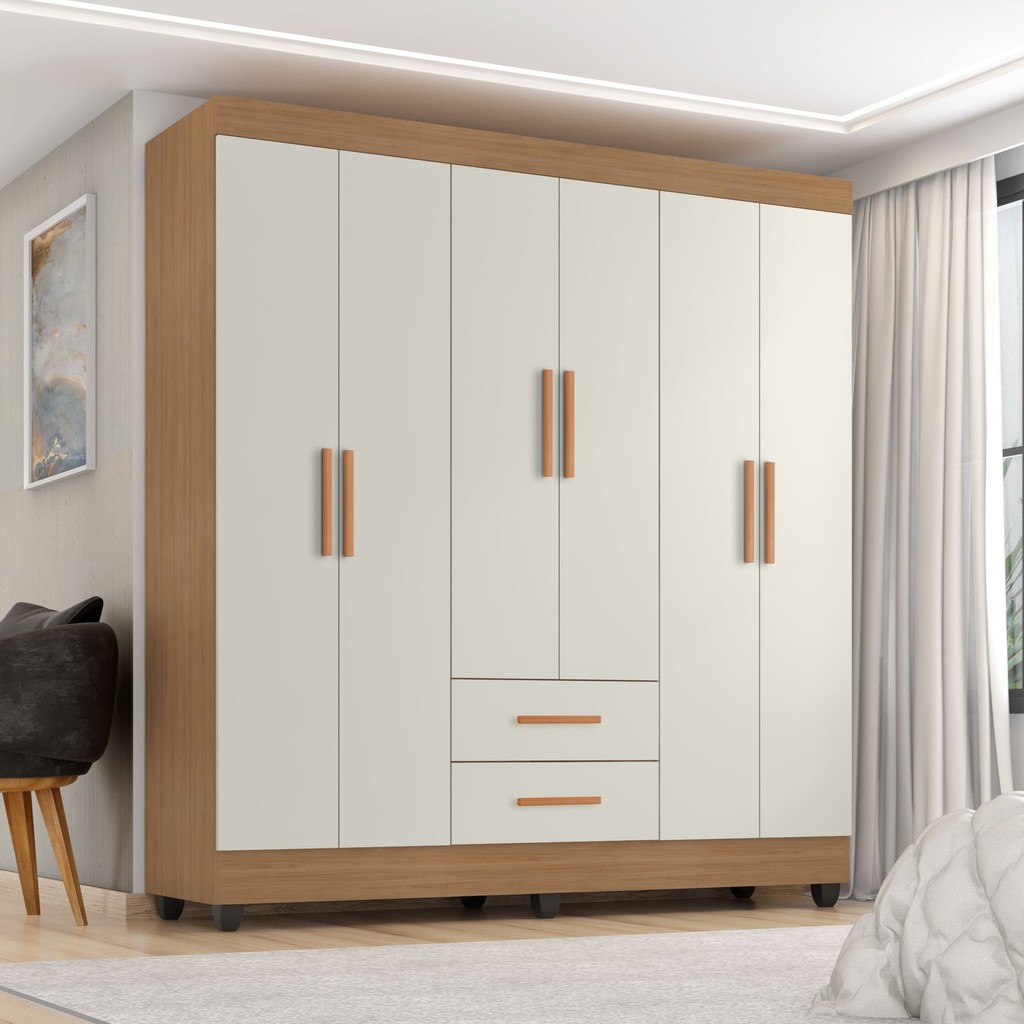 Guarda Roupa Casal 6 Portas 2 Gavetas com Pés Lite Nature/Off White em Oferta na Shopee
