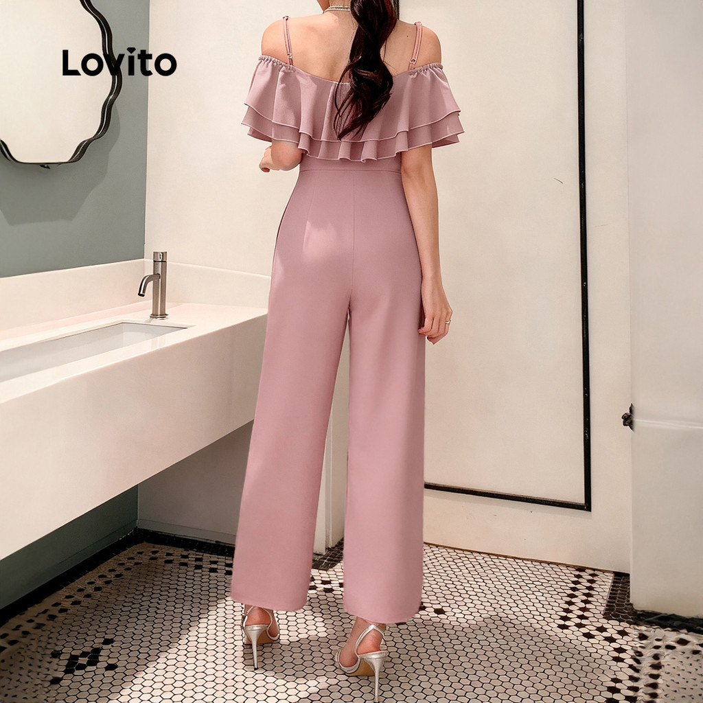 Detalhes do Macacão Feminino Casual Dupla Camada Lovito para Primavera Verão em Cinza e Rosa L155ED572