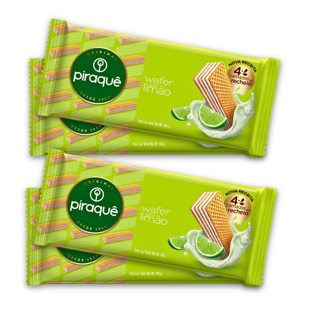 Kit 4un Pacote Biscoito Wafer 100G Piraquê Recheio Limão