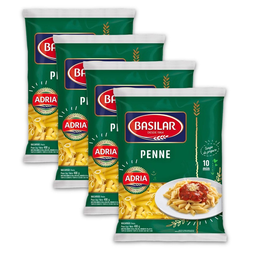 Kit 4un Pacote Macarrão 400G De Sêmola Penne Basilar