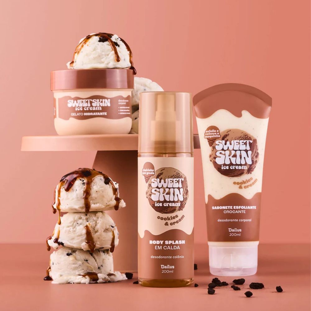 Dailus Sweet Skin Kit Cookie e Cream Sabonete Esfoliante + Creme Hidratante + Body Splash