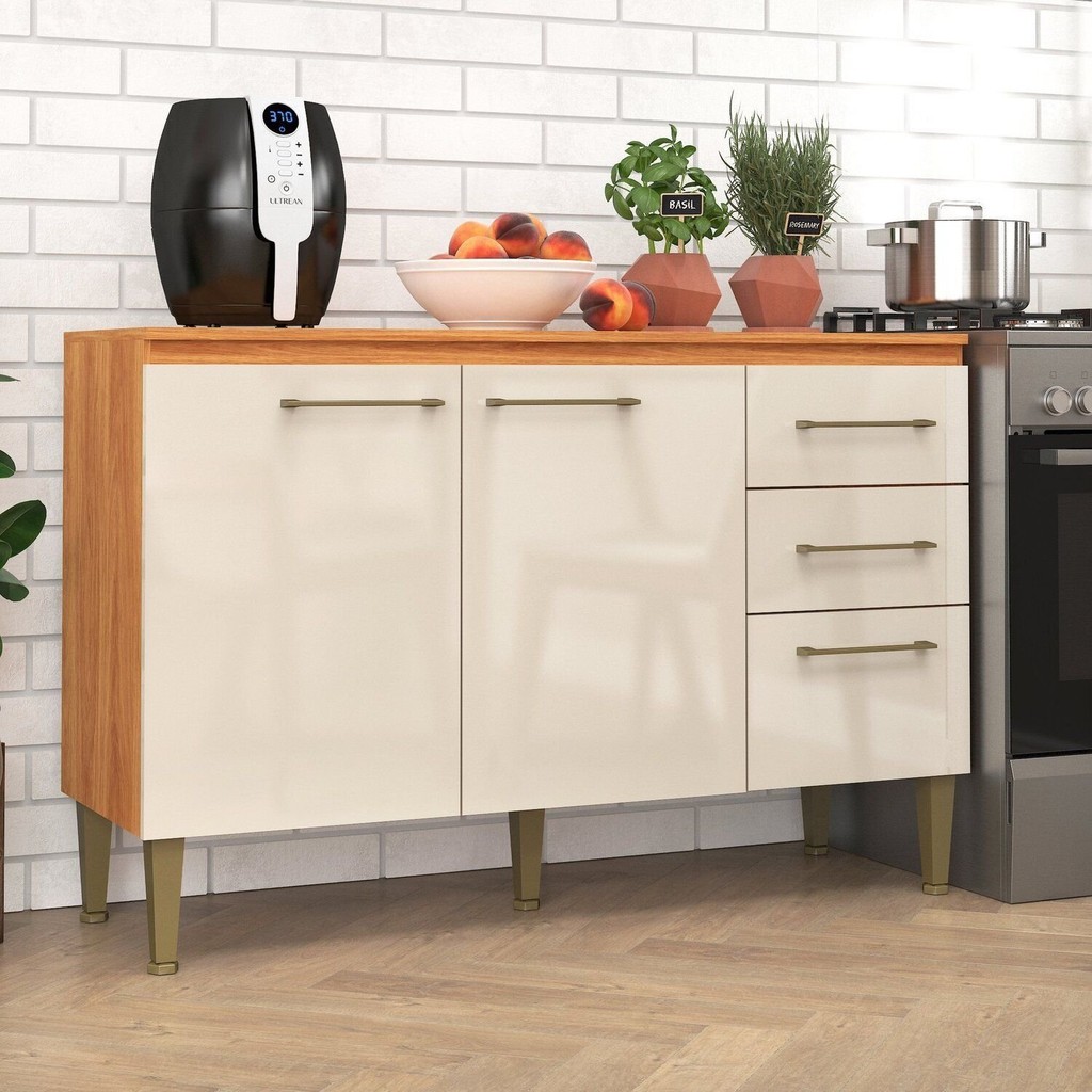 Balcão para Cozinha com Tampo 3 Portas 3 Gavetas Cinamomo e Off White Malu Cinamomo/Off White em Oferta na Shopee