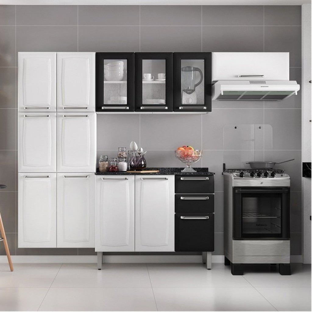 Cozinha Completa Modulada 4 Peças 13 Portas 2 Gavetas Luce Itatiaia Branco/Preto Branco/Preto
