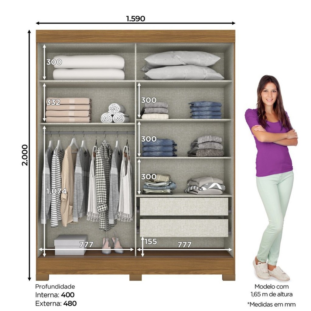 Detalhes do Guarda Roupa Solteiro 2 Portas de Correr 2 Gavetas B353 Briz Off White/Nature