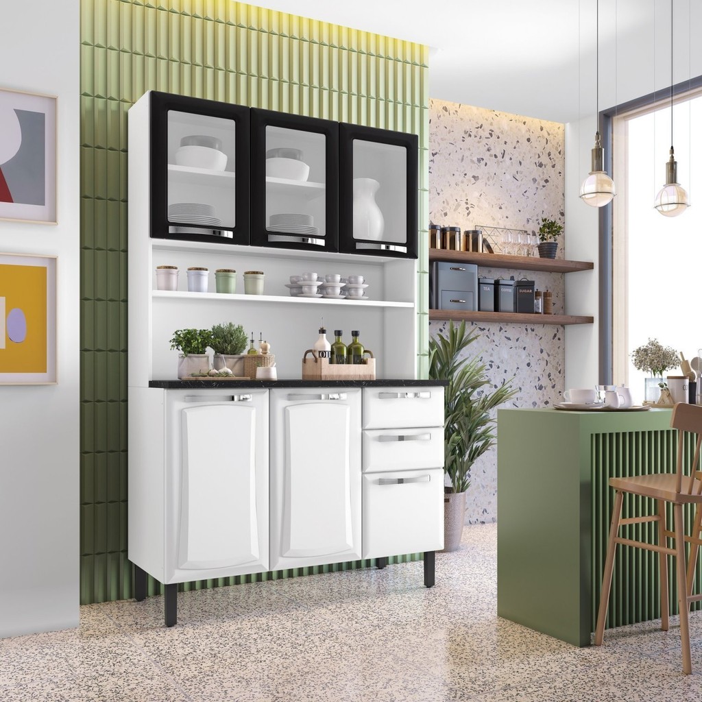 Cozinha Compacta em Aço 120cm 6 Portas 3 de Vidro 2 Gavetas Pratika Itatiaia Branco/Preto