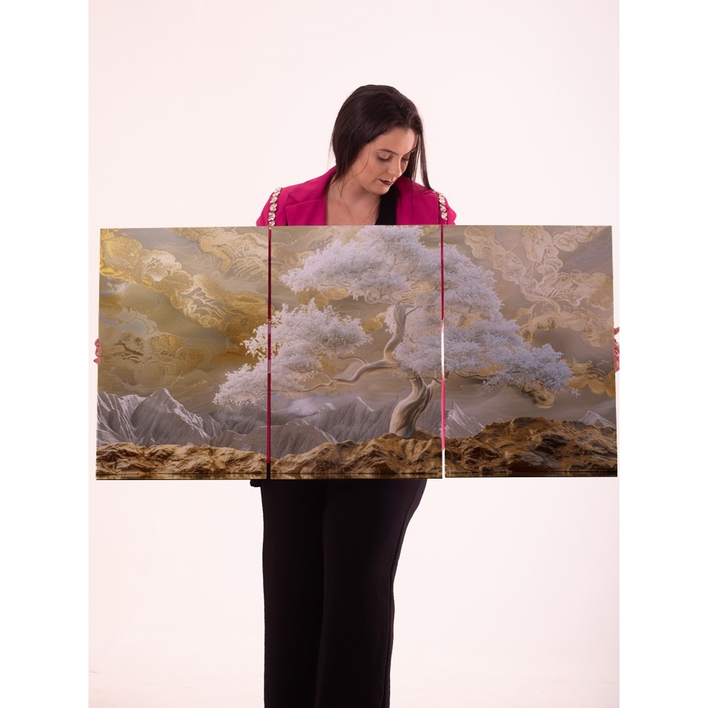 Quadro Triplo Decorativo Árvore da Vida Painel Arte Moderna Paisagem Abstrata Sala Quarto Escritório