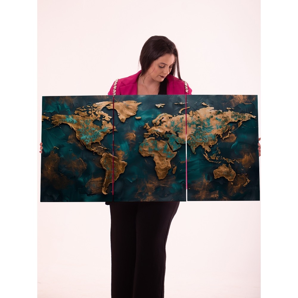 Quadro Decorativo Mapa Mundi 3 Peças Painel Triplo Dourado Cobre Azul Moderno para Sala e Escritório