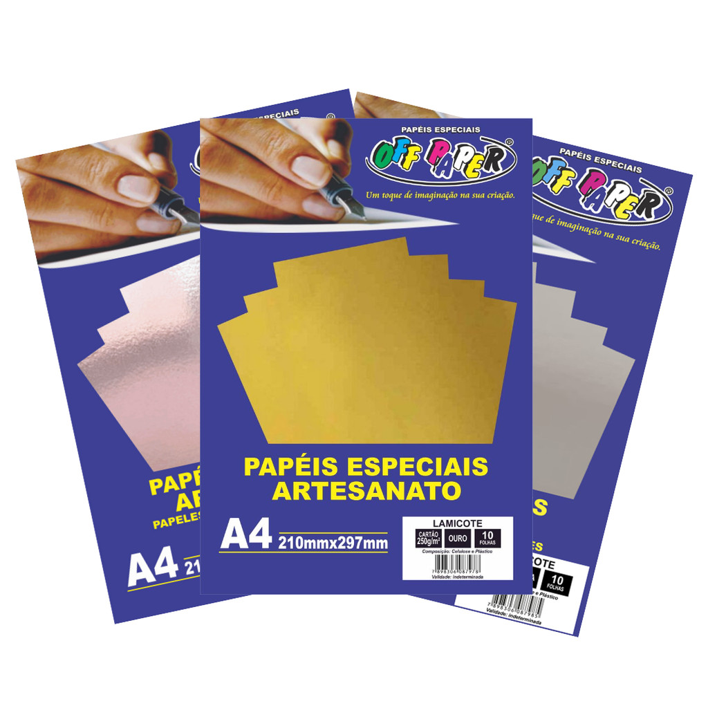 Papel Lamicote Especial Artesanato A4 250g Off Paper 10 Folhas Dourado Prata em Oferta na Shopee