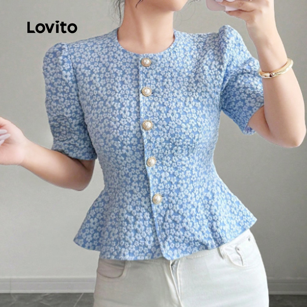 Detalhes do Lovito Blusa Elegante Jacquard Babado Bainha Primavera/Verão Blusa Azul Claro Para Mulheres L135ED431