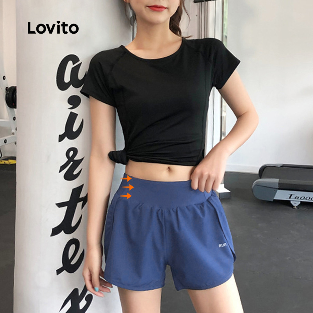 Detalhes do Lovito Shorts Esportivos Com Estampa De Letras Camada Dupla 2 Em 1 Perfeitos Para Corrida Ioga Calças De Tênis LNA10136
