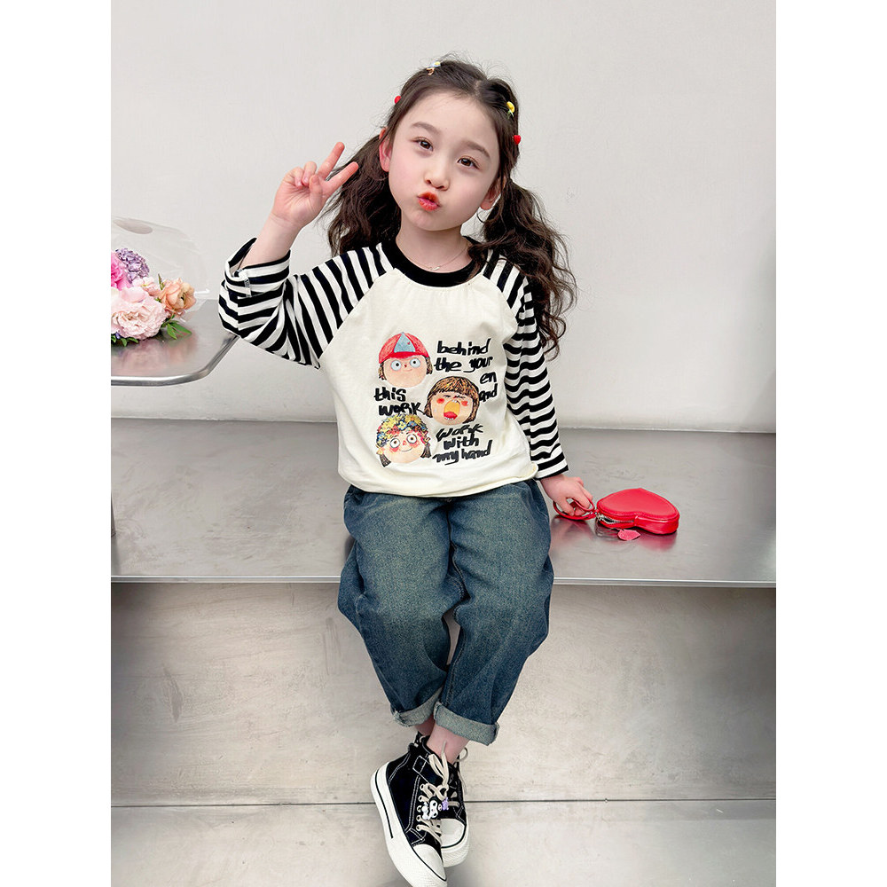 Meninas listrado camiseta puro algodão 2025 novo estilo crianças Casual camisa de fundo primavera outono bebê menina dos