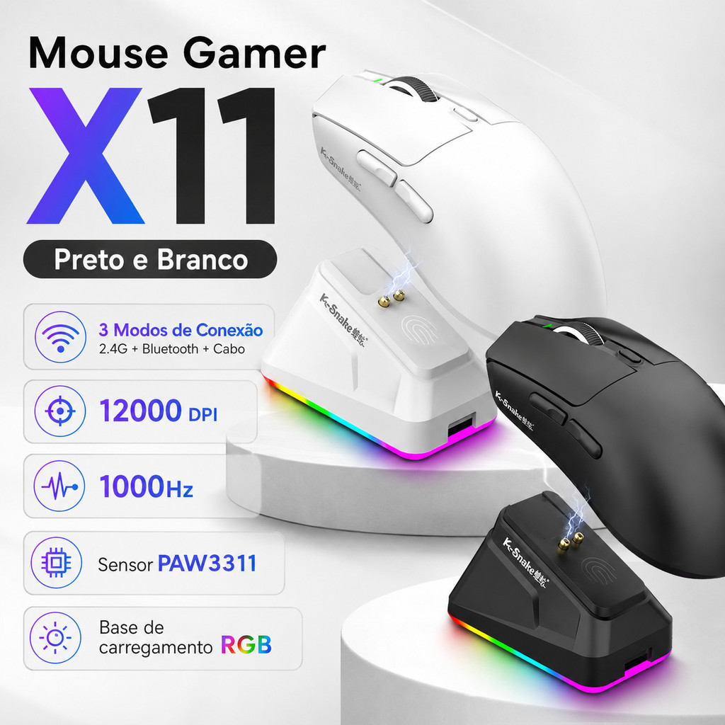 Mouse Gamer K-Snake X11 Profissional RGB 12000DPI 3 Modos Wireless 2.4G Bluetooth USB com Dock de Carregamento — imagem 2 de 2