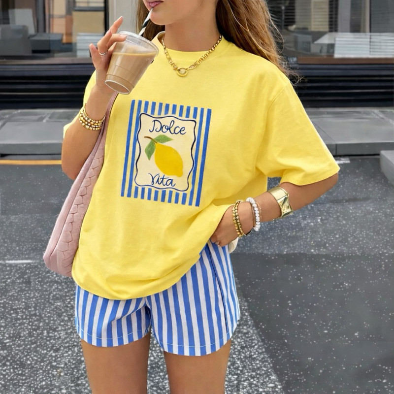 Camiseta Feminina Estilosa Estampa Dolce Vita Limão Blusa Leve Confortável Roupa Casual 100% Algodão