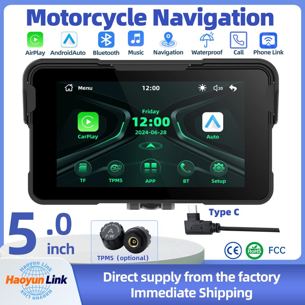 【Mais vendido】5.0" Navegador de Motocicleta, Carplay, fonte de alimentação TypeC, liberação rápida