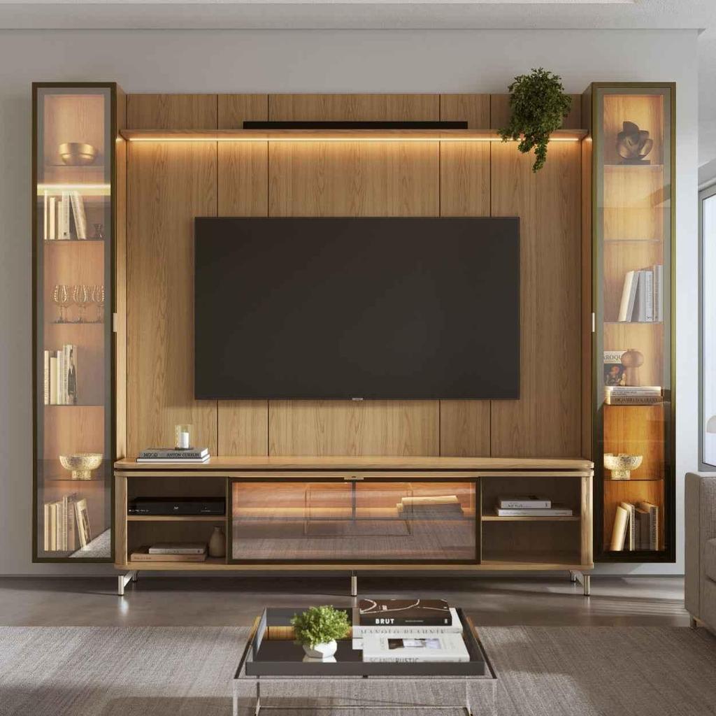 Rack com Painel para TV até 85" 2 Cristaleiras Vidro Reflecta e LED Lincoln Float 291cm – Carvalho c/ Champanhe