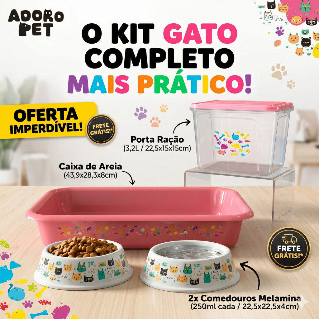 Kit Gato Rosa 4 Peças com Bandeja Sanitária Porta Ração 3,2L e Comedouros Melamina Premium