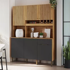 Armário de Cozinha Compacta 6 Portas 1 Gaveta e Mini Adega 151cm 100% MDF Croácia Espresso Móveis Amêndoa/Chumbo