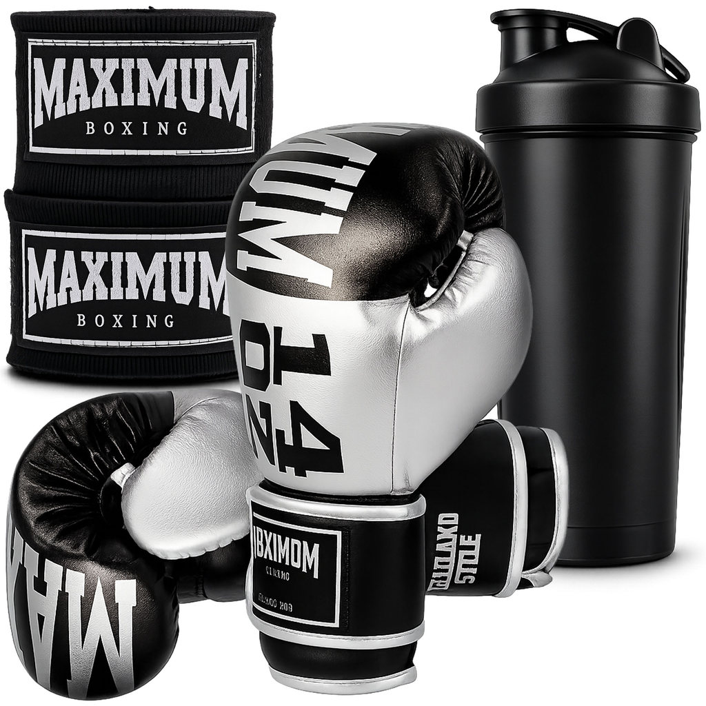 Kit 1x Luva Boxe Maximum OZ Power Face 14oz Bandagem 5m Coqueteleira Muay Thai Kickboxing Treino