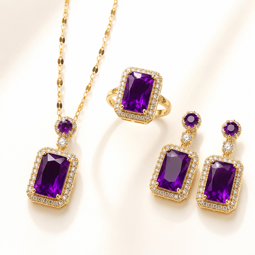Conjunto de Jóias de Ametista Roxa Luxuosa, Banho de Ouro 14K, Brinco Pendente + Colar + Anel para Noiva