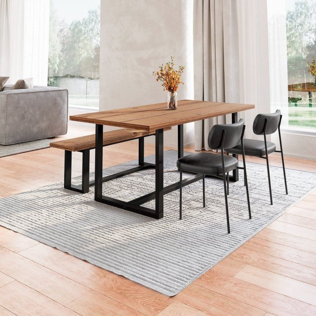Conjunto Mesa de Jantar Rústica e Bbanco de Madeira Maciça com Cadeiras Mona Marrom