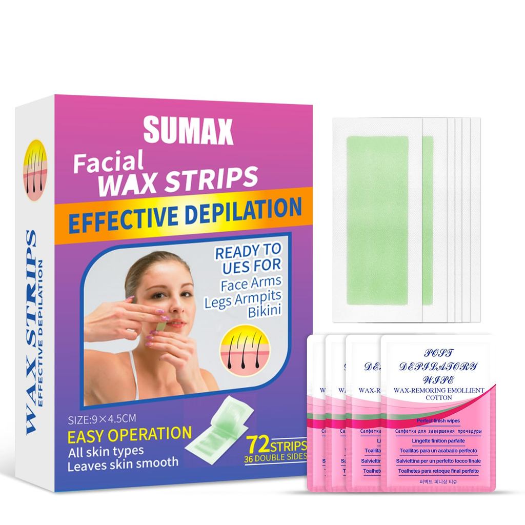 Tiras de Cera Sumax para Remoção de Pelos Corporais, 72 Peças com Essência de Cera de Abelha Natural e Óleo de Semente d