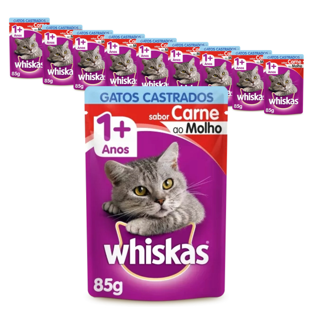 Ração Úmida Whiskas Sachê para Gatos Adultos Castrados sabor Carne ao Molho 85g - KIT 10 unids