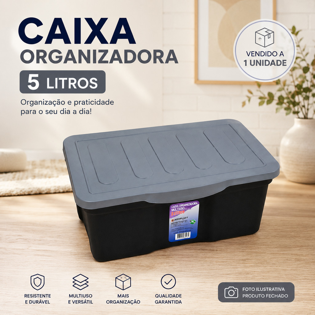 Caixa Cesto Organizadora com Tampa 5 Litros Organizador 5L Plástico  Preta Arqplast