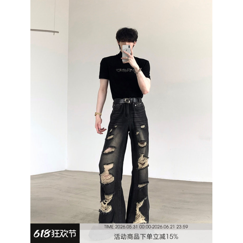 Akiyama estilo/Niche americano High Street rasgado Jeans masculino Retro angustiado Design Visual Drape calças de perna
