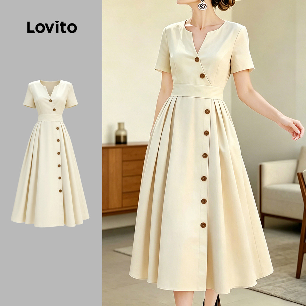 Lovito Vestido Damasco Elegante com Botões e Pregas Assimétricas Vestido de Primavera/verão para mulheres LK6ED834