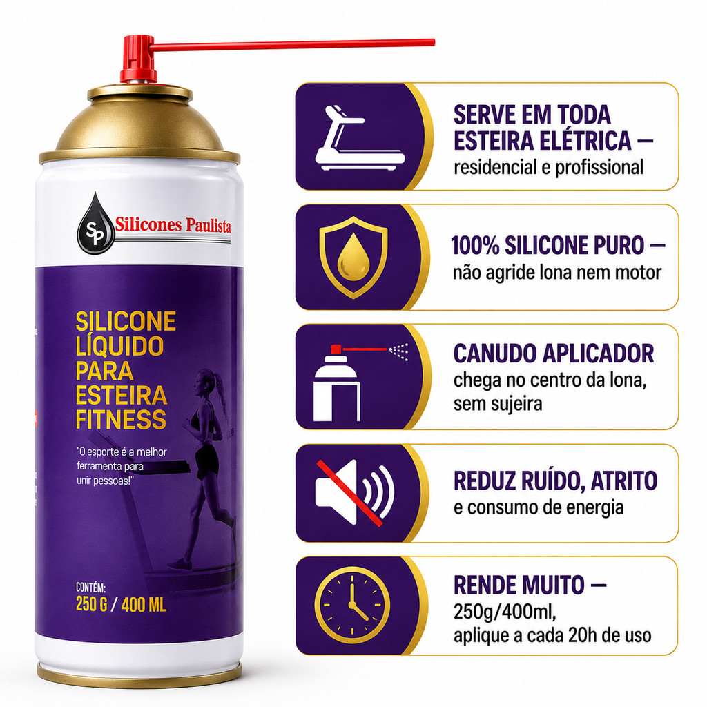 Silicone Spray Esteira Ergométrica Lubrificante 400ml Puro Elétrica Fitness Academia Bico Aplicador Manutenção