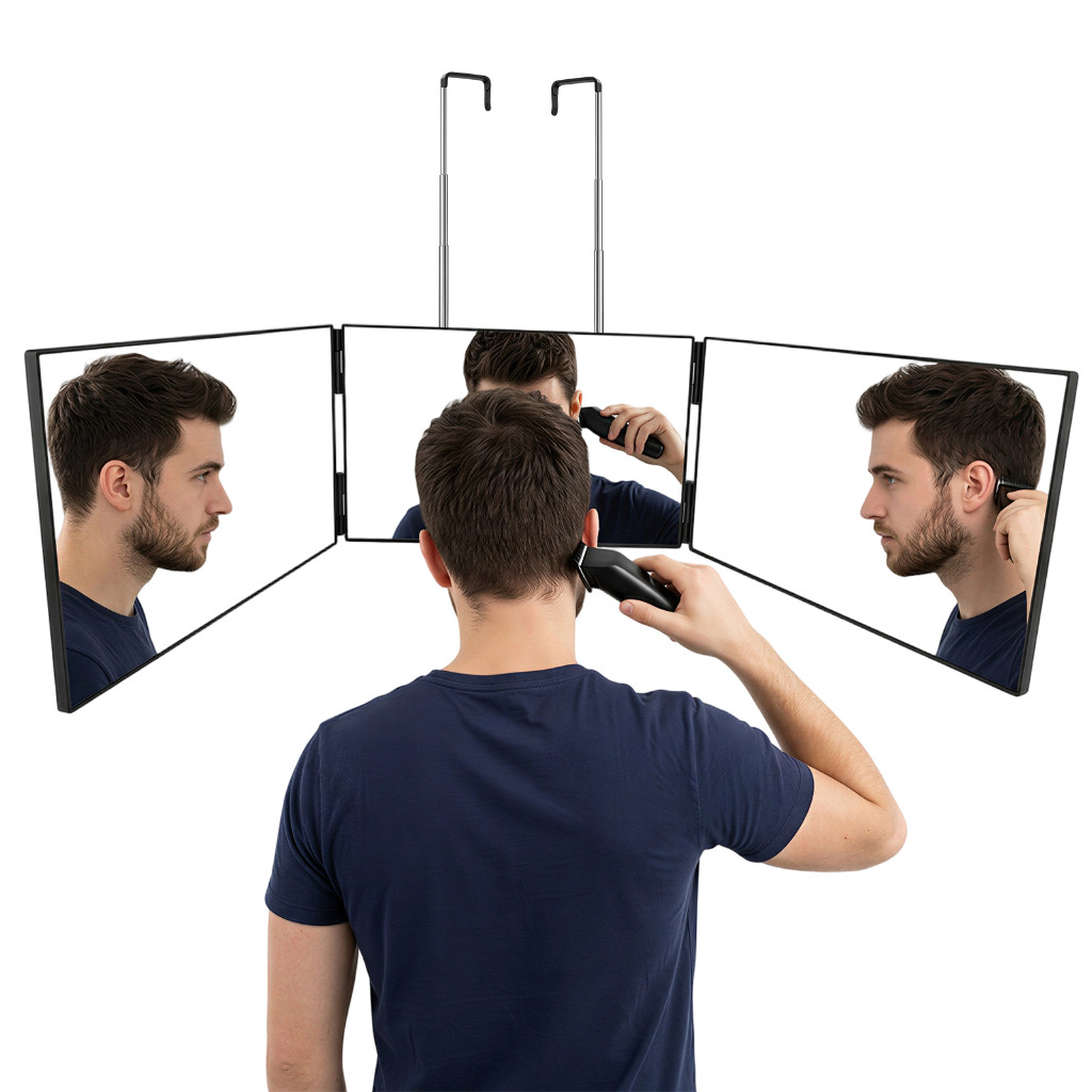 Espelho Triplo 3 Vias para Corte de Cabelo 360° Portátil | Barbear DIY para Casa Banheiro Viagem