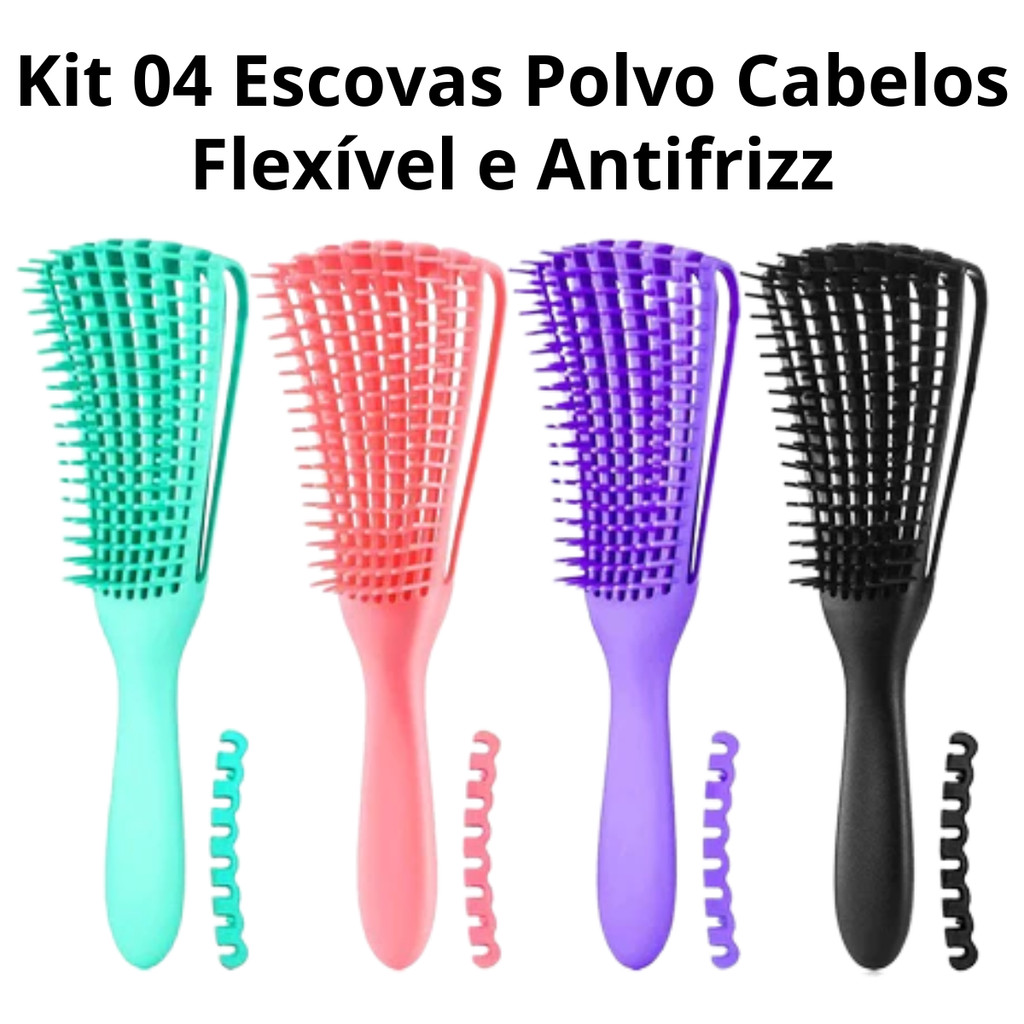 Kit com 4 Escovas Tipo Polvo para Cabelos Desembaraço Fácil Flexível e Antifrizz