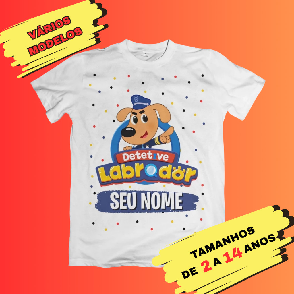 Camiseta Infantil Unissex Detetive Labrador Personalizada com Nome - Poliéster Dobie Papillon