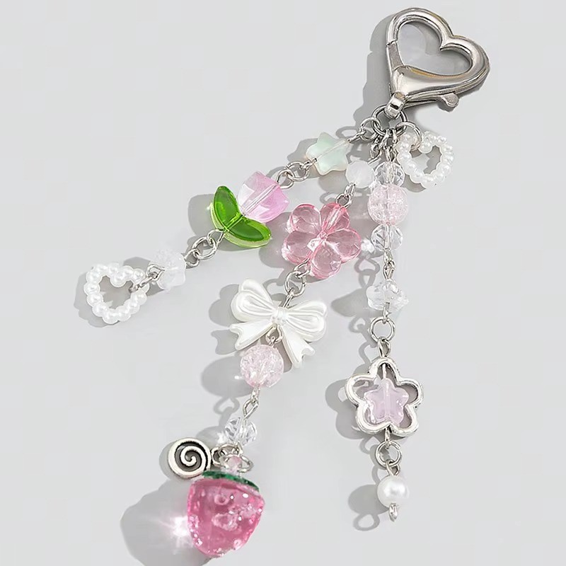 Imitação De Pérola Arco Coração Pingente Saco Rosa Morango Oco Flor Tulipa Frisado Chaveiro Acessórios
