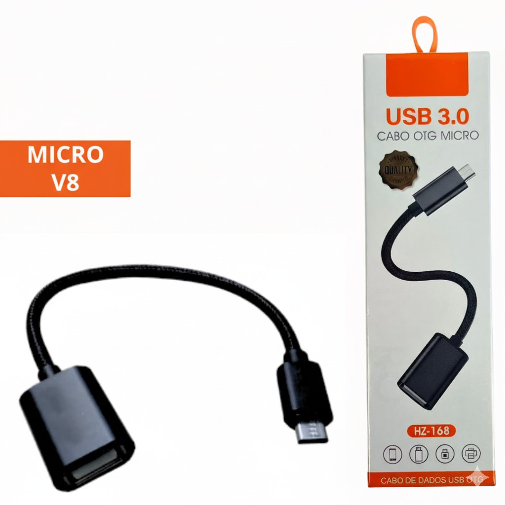 Adaptador OTG Micro V8 Tipo C com Cabo Nylon Trançado USB para Pen Drive Teclado Mouse HD Externo